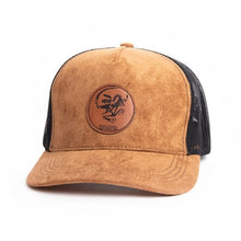 Load image into Gallery viewer, Royal Tyrrell Death Pose Brown Leather Patch on Adult Suede/Mesh Trucker Hat
